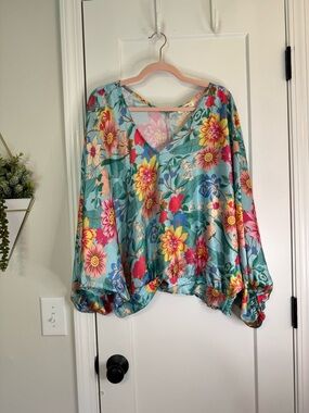 Umgee Turquoise Floral V-Neck Blouse with Pink, Yellow & Blue Blooms